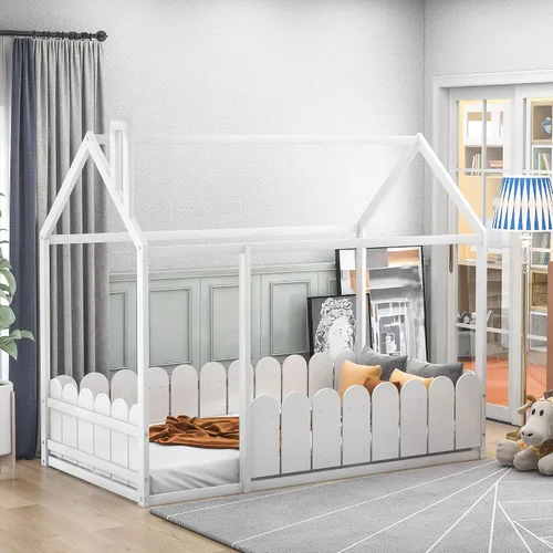 Miniatura 19 de Marco de cama para niños, marco de cama en forma de casa, cama de madera de tamaño individual con valla para niños, adolescentes, niñas, niños