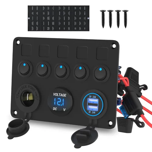 RVMARINEPAT Panel de Interruptores Basculantes de 5 Posiciones Certificado UL Panel de Interruptores de 12 Voltios ON-OFF LED Azul con Fusible en