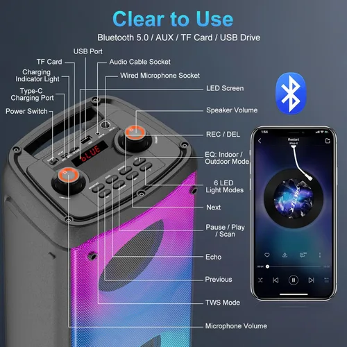 Miniatura 9 de Altavoz Bluetooth, altavoces para exteriores de 80W de potencia máxima, Bluetooth inalámbrico, TWS altavoces portátiles para fiestas con subwoofer