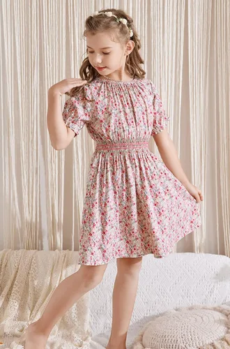 Miniatura 4 de Vestido floral con cintura fruncida para niñas, ropa de juego para la iglesia, vacaciones, vestido midi suave con bolsillos