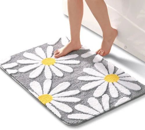 Miniatura 7 de QJHOMO Alfombra de baño azul con diseño de margaritas, decoración de flores blancas y amarillas, alfombra antideslizante de microfibra, súper Azul