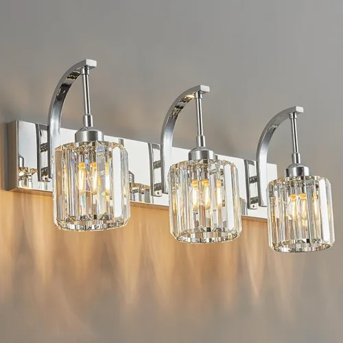 Miniatura 34 de Luces de tocador de cristal de 3 luces negras para tocador de baño, modernas lámparas de baño de cristal sobre espejo de 23.62 pulgadas de largo