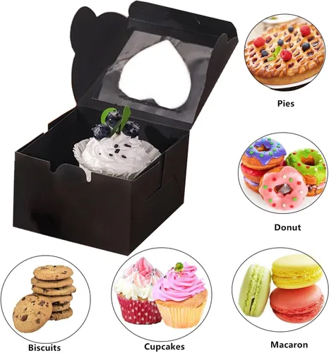 Miniatura 3 de Paquete de 50 cajas pequeñas de panadería con ventana, 4 x 4 x 2.5 pulgadas, mini cajas para pasteles, galletas, pastelería y postre, color negro
