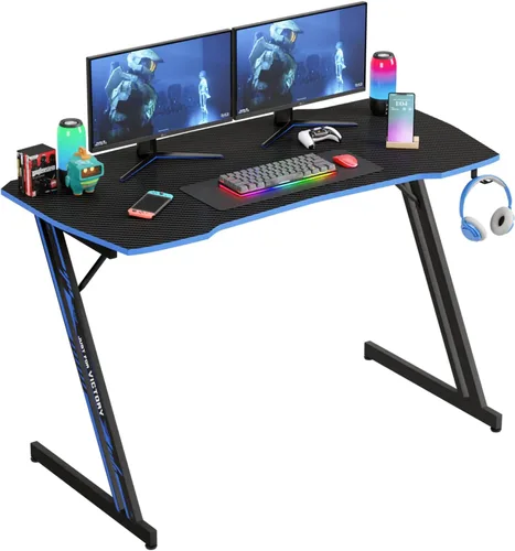 Miniatura 11 de PayLessHere Mesa de Juegos de 35" Azul Escritorio de Computadora en Forma de Z con Marco de Acero, Gancho para Auriculares, Pies Ajustables