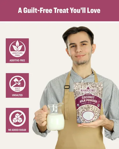 Miniatura 7 de RawGuru Leche de coco orgánica en polvo, vegana y rica en nutrientes con hierro y potasio, leche orgánica rica y cremosa para beber o hornear, 16