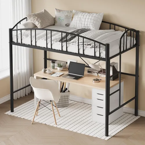 Miniatura 6 de GAOMON Cama alta tamaño individual con peldaño de escalera plana, barandilla de seguridad arqueada, marco de cama de metal alto, soporte de listones