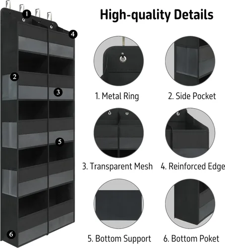 Miniatura 4 de Giraffe Creation Organizador negro sobre puerta con 10 bolsillos transparentes grandes, almacenamiento de puerta colgante de doble fila