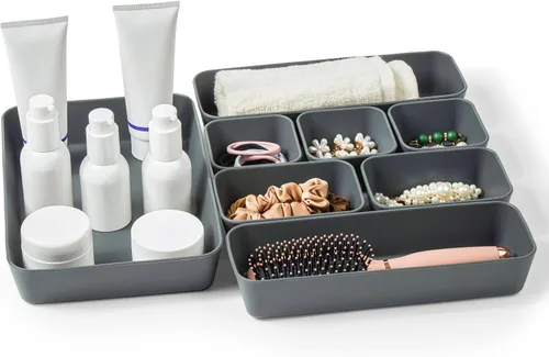 Miniatura 10 de ISSEVE 8 bandejas organizadoras de cajones de silicona anidables, 4 tamaños versátiles para tocador de baño y escritorio, juego de contenedores