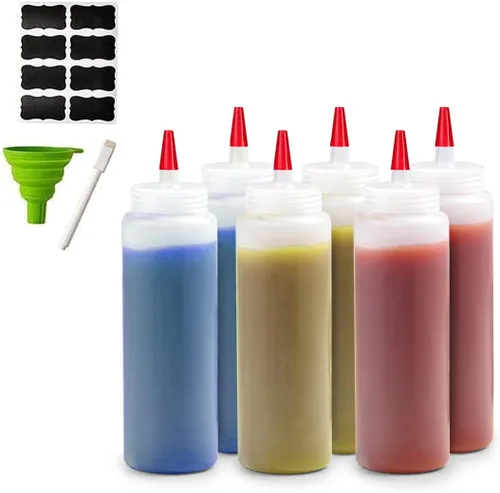 Paquete de 6 botellas exprimibles de condimentos para salsas, incluye embudo, marcador borrable y etiquetas reutilizables, perfectas para aderezos