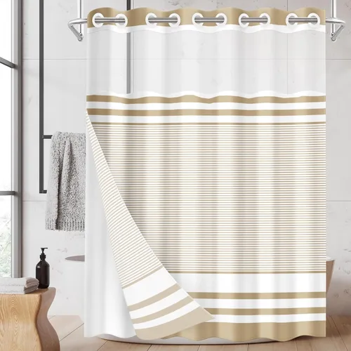 Miniatura 23 de Juego de cortina de ducha beige sin gancho con forro de tela a presión, diseño bohemio, a rayas, moderno, doble capa, tela impermeable con ventana