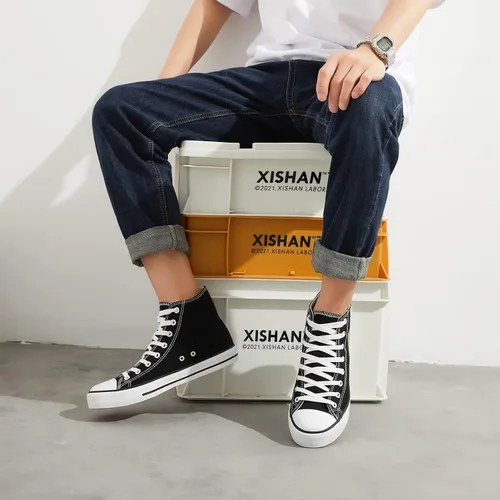 Miniatura 9 de Zapatillas de lona altas para hombre, zapatos de lona casuales con cordones para hombre, zapatos de lona de moda blanca y negra para caminar