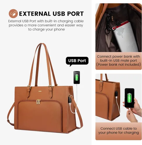 Miniatura 5 de LOVEVOOK Bolsa para laptop de 15.6 pulgadas para mujer, impermeable, con puerto de carga USB, maletín de mano y hombro de cuero sintético, bolsa