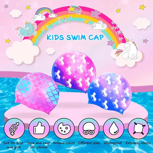 Miniatura 3 de Syhood Gorras de natación para niños, 3 unidades, impermeables, gorro de natación de dibujos animados para cabello largo y corto, para niños y niñas