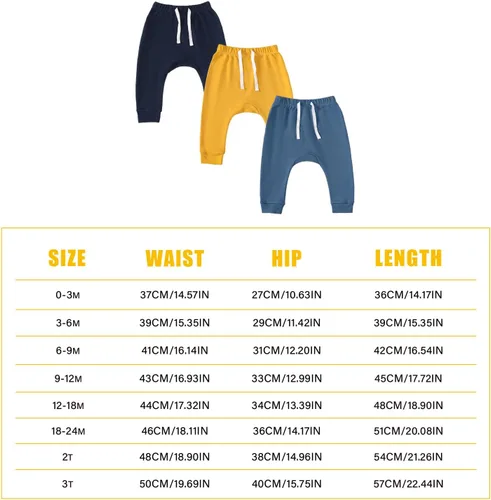 Miniatura 6 de SOBOWO Paquete de 3 pantalones deportivos para bebé recién nacido, harén de algodón, para niños y niñas, 0-3T entrelazados, 195 GSM