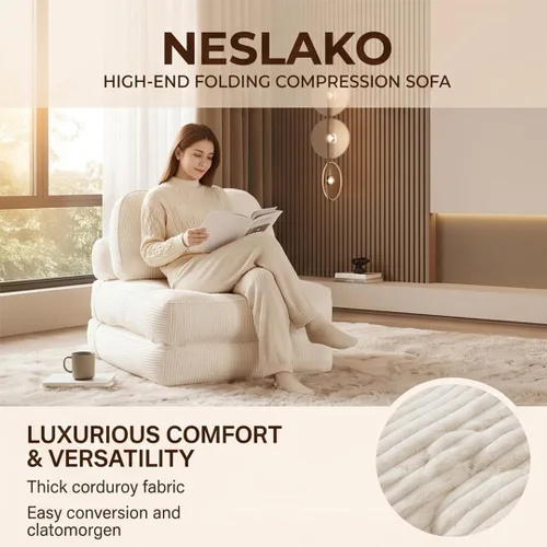 Miniatura 5 de Sofá cama plegable, futón de franela con almohada y manta, silla convertible para sala de estar y dormitorio, color blanco