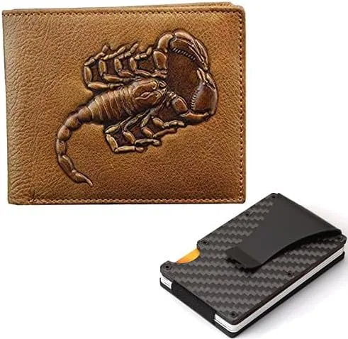 Cartera de piel de vaca para hombre, motociclista, de piel de vaca, tótem de escorpión, tarjetero multitarjeta, bolso de mano