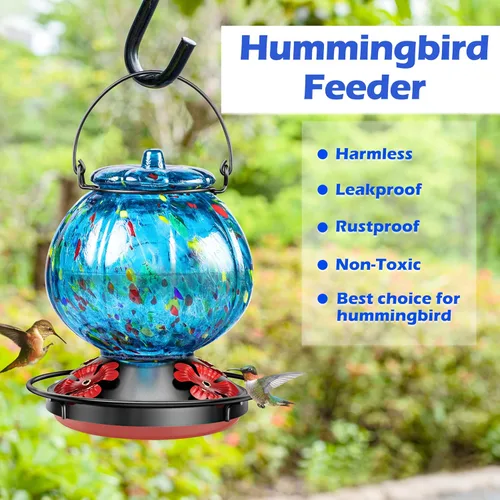 Miniatura 2 de Comedero para colibríes para exteriores – Comedero para pájaros de vidrio azul soplado a mano, a prueba de fugas, fácil de llenar y limpiar, 25