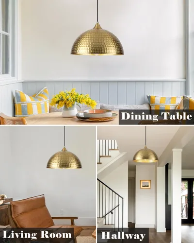 Miniatura 6 de Paquete de 2 luces colgantes doradas para isla de cocina, lámpara colgante de cúpula martillada de 12 pulgadas, luces colgantes de cocina de granja