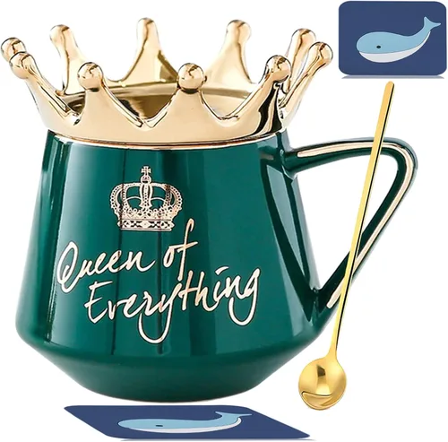 Miniatura 18 de Arawat Queen of Everything - Taza con tapa, taza negra dulce con corona de café, taza de 12 onzas, regalo con cuchara y posavasos, taza de té