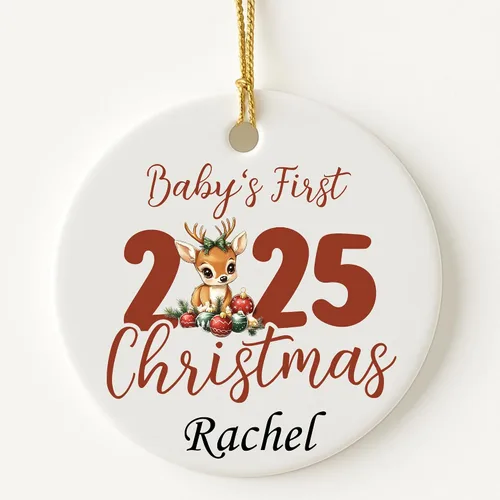 Miniatura 8 de Adorno personalizado para la primera Navidad del bebé 2025, recuerdo redondo de cerámica con nombre personalizado, decoración de árbol de Navidad