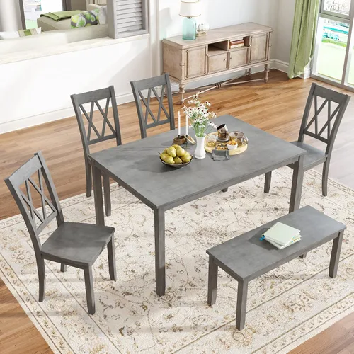 Miniatura 10 de Juego de mesa de comedor de madera de 6 piezas, juego de mesa de cocina con rectangular, juego de mesa de comedor con banco tapizado y 4 sillas