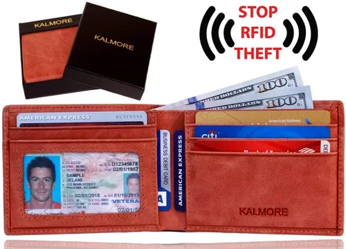 Miniatura 2 de KALMOR Cartera de bolsillo plegable de cuero para hombre con bloqueo RFID extra delgada con ventana de identificación