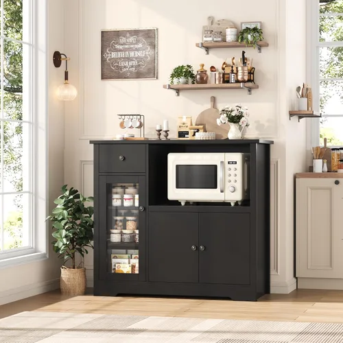 Miniatura 2 de HORSTORS Armario para microondas, armario de almacenamiento de cocina con 3 puertas y 1 cajón, aparador de buffet con estantes ajustables, soporte