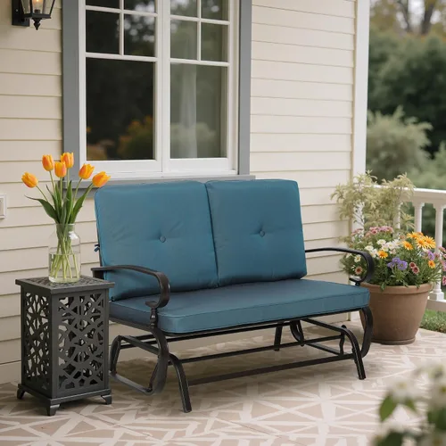 Miniatura 5 de Banco al aire libre para patio, mecedora de 2 asientos, mecedora de hierro forjado para patio exterior con cojín (azul)