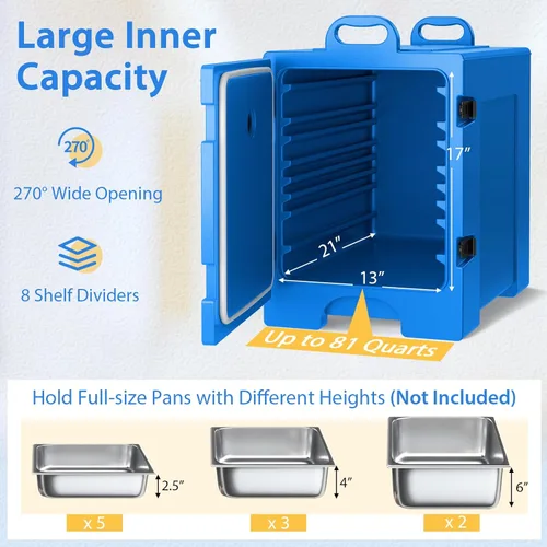 Miniatura 3 de COSTWAY Calentadores de alimentos para catering, cajas calientes para 5 sartenes de tamaño completo, capacidad de 81 cuartos de galón, diseño Azul