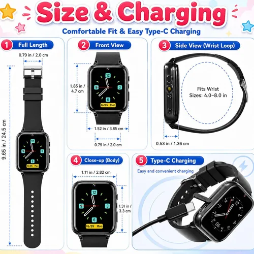Miniatura 8 de Goodatech Reloj inteligente de 1.69 pulgadas para niños y niñas, cámara, 26 juegos de rompecabezas, reproductor de video y música, podómetro, reloj