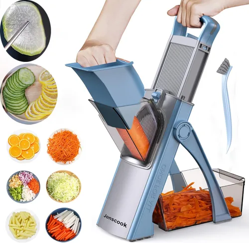 Miniatura 13 de Jonscook Rebanador de mandolina todo en uno seguro para cocina, picador de alimentos con contenedor, cortador de verduras con grosor ajustable