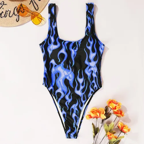 Miniatura 5 de Traje de baño de una pieza con estampado de llama para mujer, traje de baño de corte alto, bikini traje de baño para rave