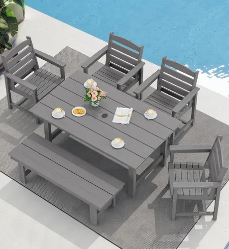 Miniatura 22 de SERWALL Juego de Mesa de Comedor de HDPE para Exteriores, Juego de 7 Piezas de Mesa de Comedor al Aire Libre con Mesa con Corte para Agujero de Gris
