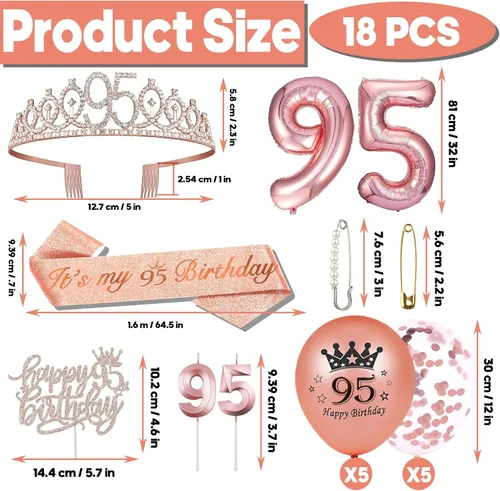 Miniatura 2 de Hysilla Decoraciones de fiesta de cumpleaños número 95 para mujer, incluyendo banda, corona, adorno de pastel, globos, pin y juego de velas, oro rosa