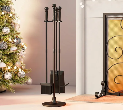 Miniatura 3 de Juego de herramientas para chimenea Fire Beauty de 4 piezas en hierro forjado negro para interiores/exteriores incluye atizador, pala, cepillo