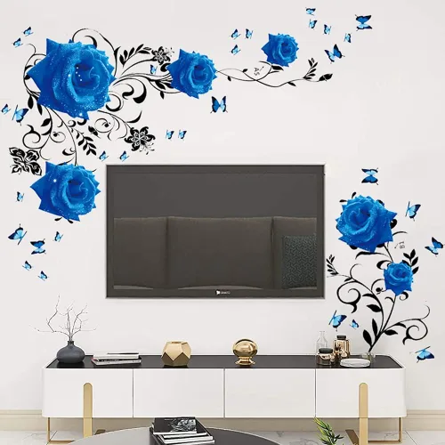 Supzone Calcomanías de pared de rosas azules, diseño de flores y vides, decoración de pared floral de peonía azul, arte mural de vinilo para
