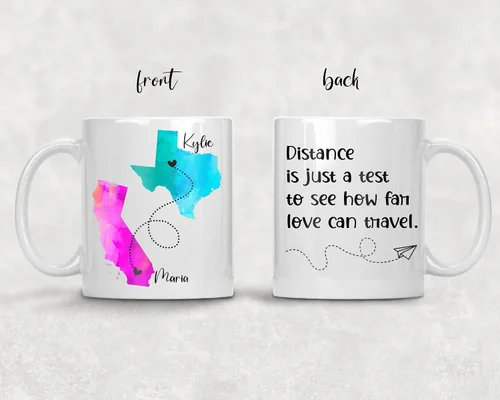 Miniatura 2 de Taza de café personalizada de larga distancia, tazas personalizadas con cita de mejores amigos, Estados con corazones sobre ciudades, añade nombres