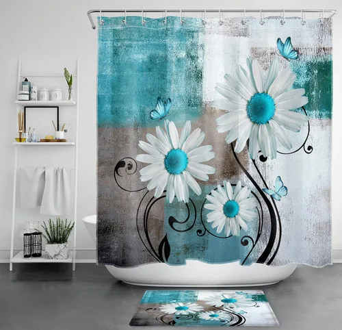 Miniatura 14 de Cortina de ducha floral con margaritas azules, flores blancas y mariposas en tela moderna abstracta geométrica gris para baño, 10 ganchos, 48 x 72