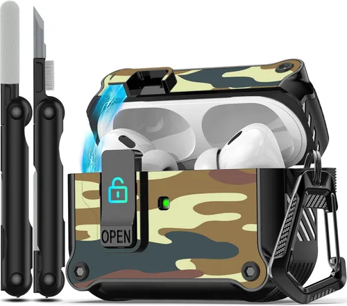 Miniatura 19 de RFUNGUANGO Funda protectora para AirPods Pro de 2ª generación con kit de limpieza, funda rígida militar con cerradura para funda de carga de AirPod
