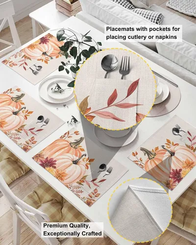 Miniatura 2 de Juego de 4 manteles individuales de mesa de calabaza rosa para mesa de comedor, tela de lino de algodón con bolsillo, arpillera cuadrada