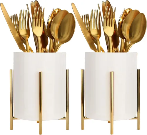 Juego de 2 organizadores de cubiertos para encimera, cerámica resistente y marco de metal resistente, vajilla de buffet, decoración de mesa de fiesta