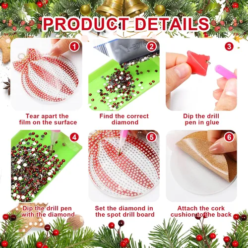 Miniatura 5 de 10 piezas de posavasos de arte de diamante con bola de Navidad DIY Posavasos de pintura de diamante rojo y verde con copo de nieve y alce de Navidad
