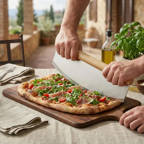 Miniatura 4 de Cuchillo mecedor profesional de acero inoxidable de 14 pulgadas, cortador de hoja de mango de madera con cubierta cómoda, rebanador de pizza