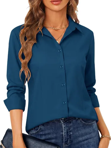 Miniatura 17 de BBIBBI Camisa de vestir elástica de manga larga con botones para mujer, blusa de trabajo casual de negocios (clásica, recortada y alta)