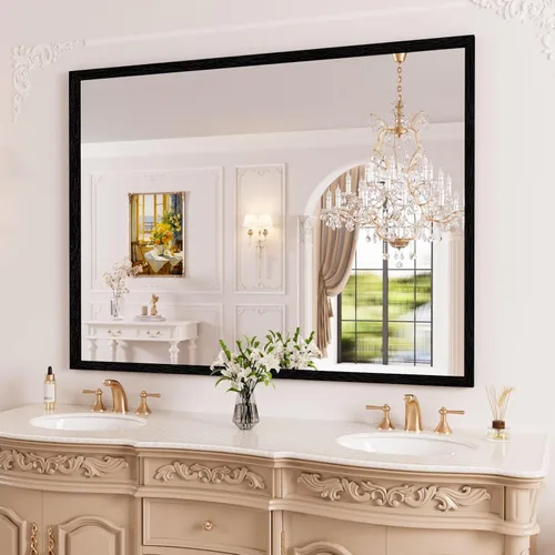 Miniatura 35 de WEER - Espejo de baño dorado, espejo de 40x32 pulgadas con marco de metal dorado cepillado, espejo de tocador de baño de oro para pared