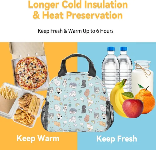 Miniatura 6 de Lonchera para gatos y adolescentes, lonchera aislada para niñas, bonita lonchera azul con bolsillos, bolsa de almuerzo reutilizable mediana
