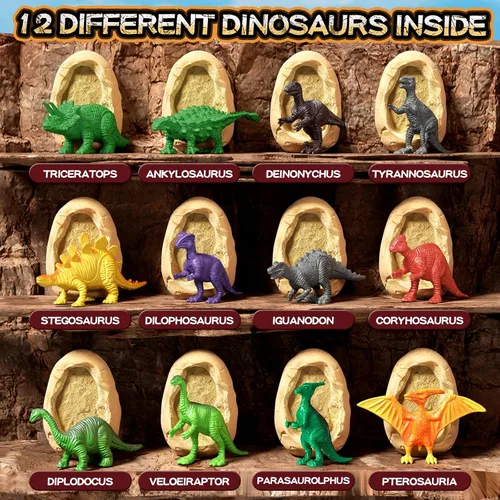 Miniatura 4 de Uregoio Kit de Excavación de 12 Huevos de Dinosaurio Juguetes para Niños, Kit de Excavación Sorpresa de Huevos de Dinosaurio con Lupa, Regalos