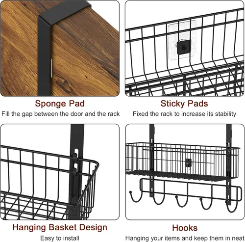 Miniatura 6 de YBING Organizador Sobre Puerta con Ganchos 3 Niveles Toallero Trasero Cestas de Metal Estantes de Almacenamiento Colgante para Dormitorio Baño Negro
