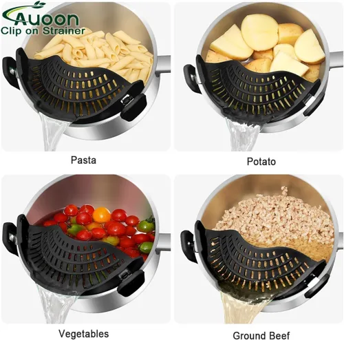 Miniatura 4 de AUOON - Colador con clip para todas las ollas, colador de silicona para pasta, colador de cocina para drenar fideos, grasa de carne molida