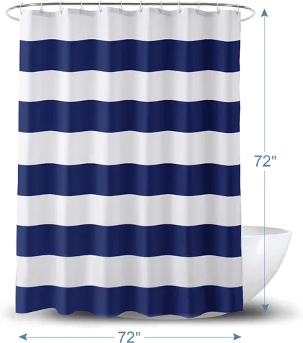 Miniatura 5 de AmazerBath - Cortina de ducha azul marino con rayas, 72" x 72" de azul y blanco, cortinas de ducha de tela para baño con 2 piedras pesadas